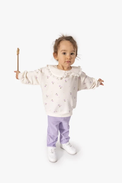 Kız Bebek Çiçek Desenli Sweatshirt Tayt 2'li Takım 9063 - LİLA