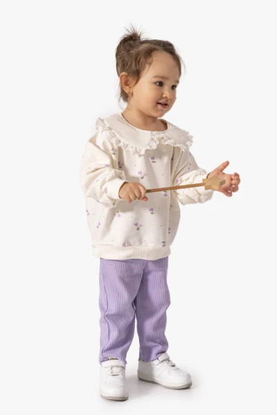 Kız Bebek Çiçek Desenli Sweatshirt Tayt 2'li Takım 9063 - LİLA