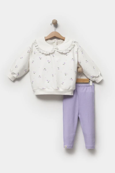 Kız Bebek Çiçek Desenli Sweatshirt Tayt 2'li Takım 9063 - LİLA