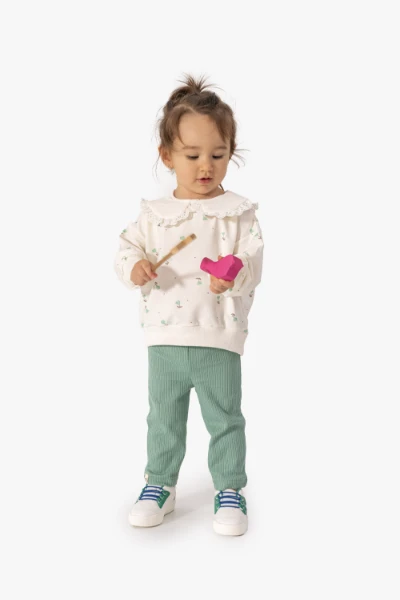 Kız Bebek Çiçek Desenli Sweatshirt Tayt 2'li Takım 9063 - YEŞİL