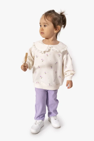 Kız Bebek Çiçek Desenli Sweatshirt Tayt 2'li Takım 9063 - LİLA