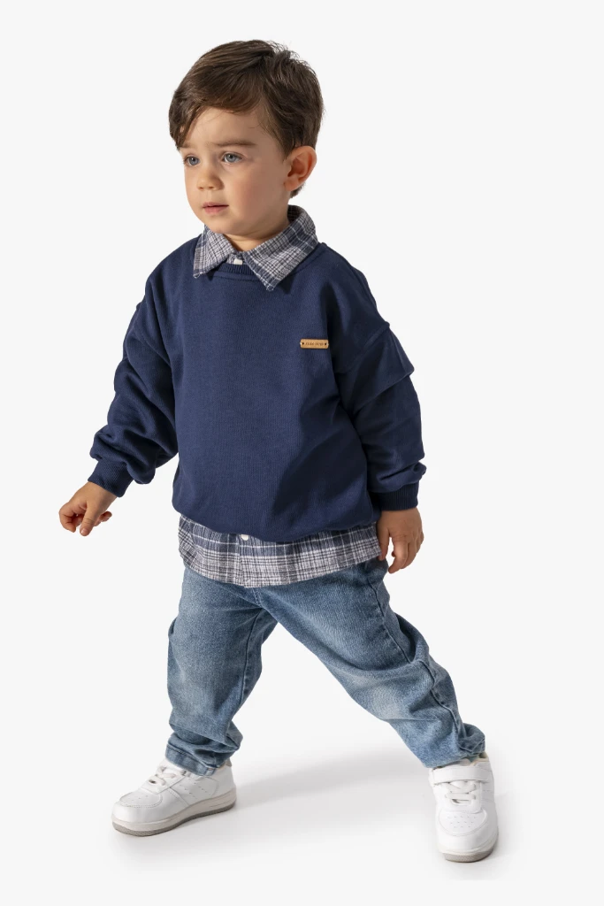 Erkek Bebek Gömlek Sweatshirt ve Kot Pantolon 3'lü Takım 9064 - LACİVERT