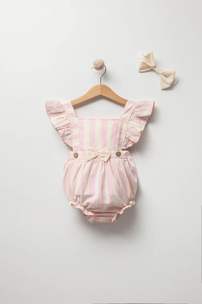 Kız Bebek Çizgili  Bandanalı Romper Tulum Set 3512 - PEMBE