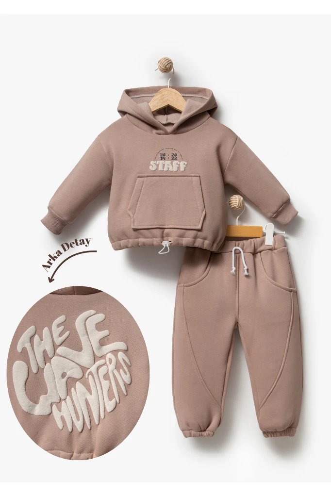 Sırt Baskılı Unisex Çocuk Sweat Eşofman Takımı 8175 - VİZON