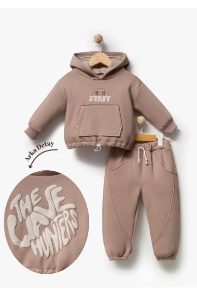 Sırt Baskılı Unisex Çocuk Sweat Eşofman Takımı 8175 - VİZON