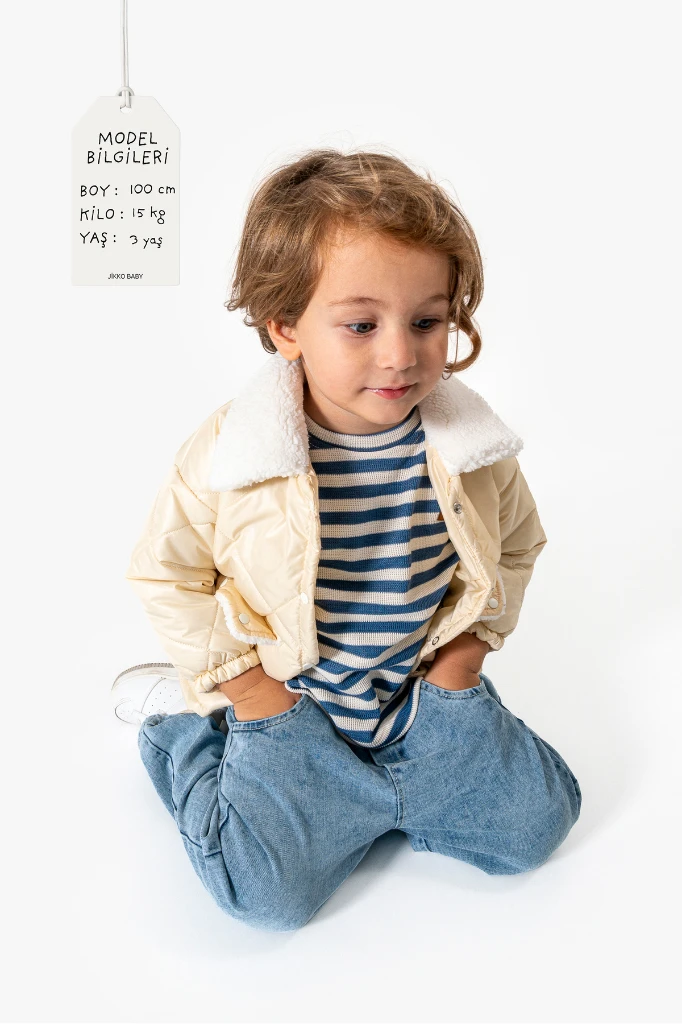 Çizgili Sweatshirt ve Kapitone Montlu 3’lü Bebek Takımı 8171 - BEJ