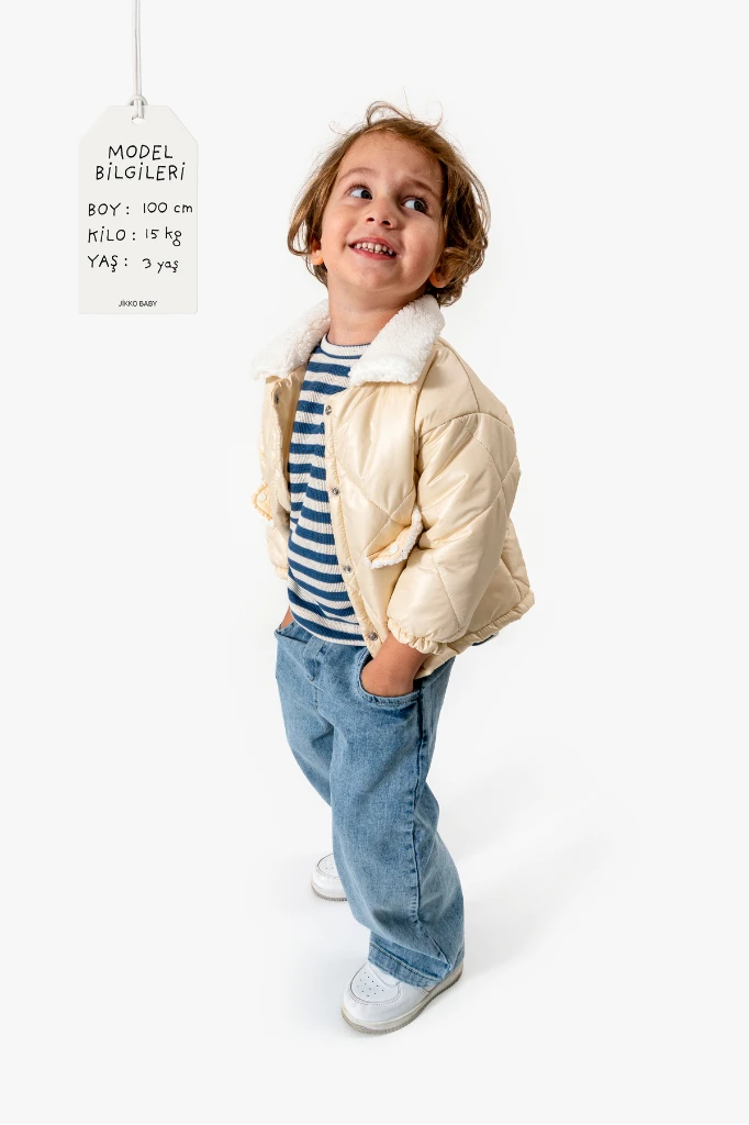 Çizgili Sweatshirt ve Kapitone Montlu 3’lü Bebek Takımı 8171 - BEJ