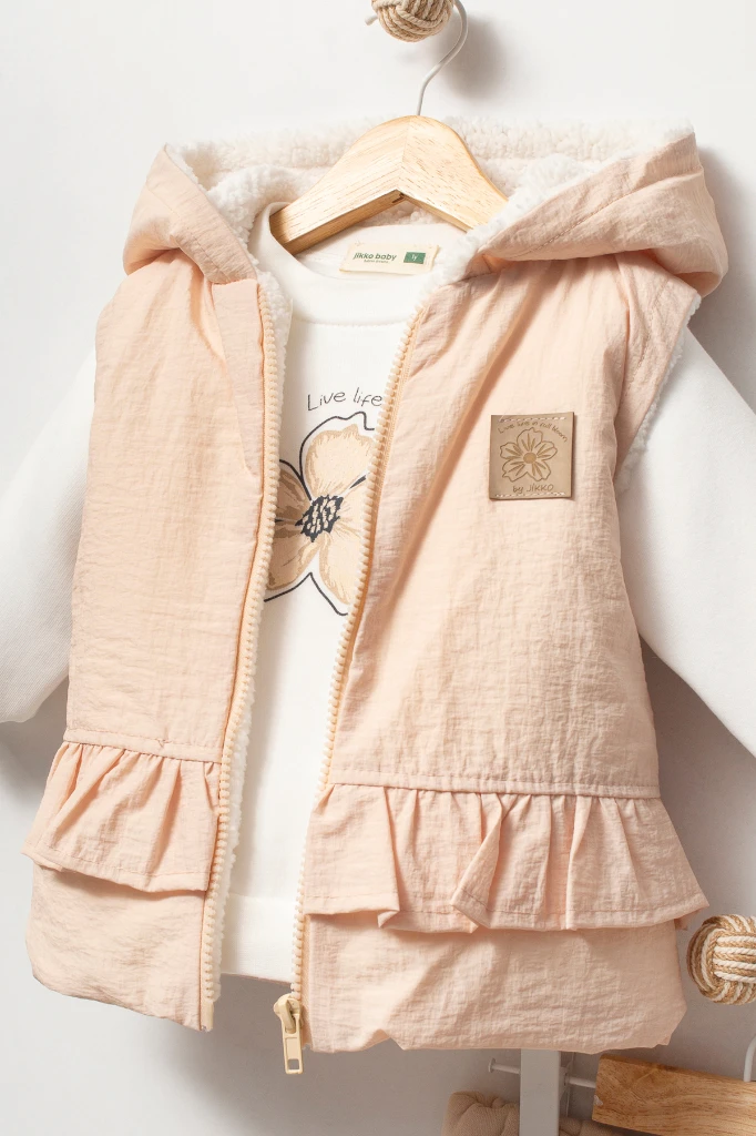 Fırfırlı Yelekli Çiçek Baskılı 3’lü Bebek Takımı 8172 - BEJ