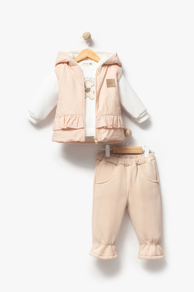 Fırfırlı Yelekli Çiçek Baskılı 3’lü Bebek Takımı 8172 - BEJ