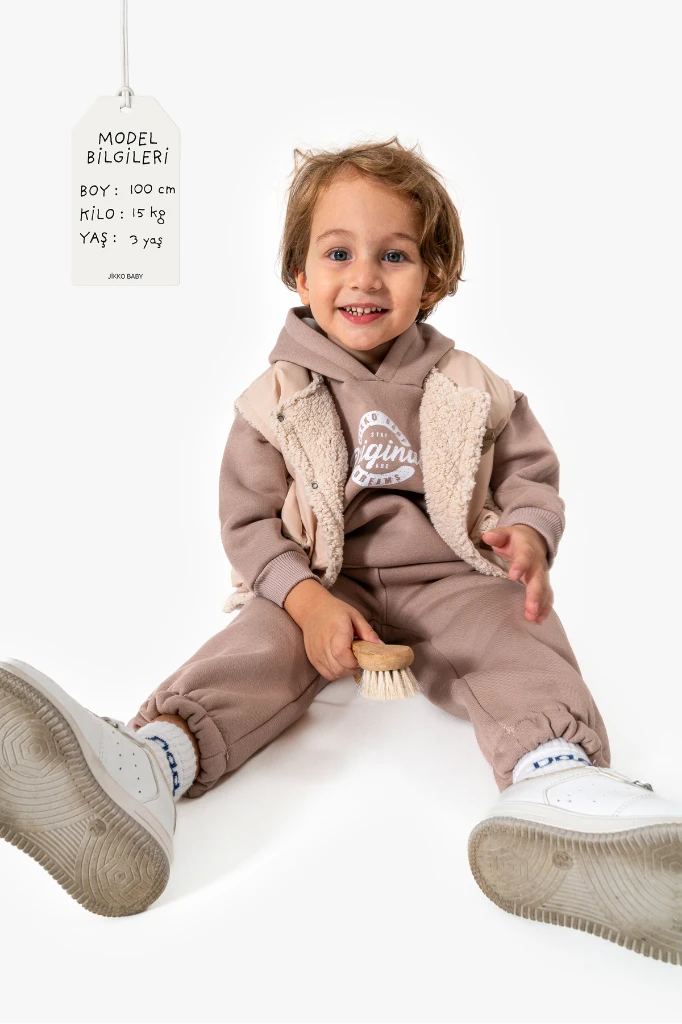 Kapüşonlu Yelekli 3’lü Unisex Bebek Takım 8173 - BEJ