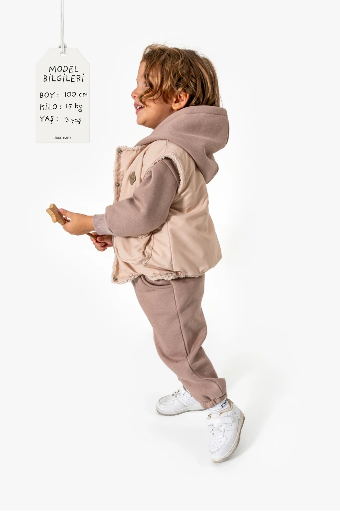 Kapüşonlu Yelekli 3’lü Unisex Bebek Takım 8173 - BEJ