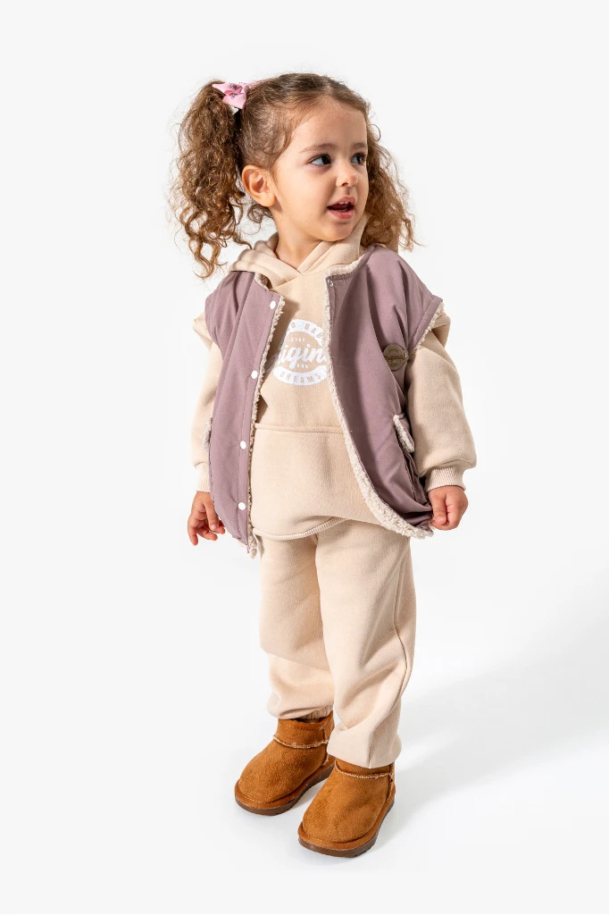 Kapüşonlu Yelekli 3’lü Unisex Bebek Takım 8173 - GÜL KURUSU