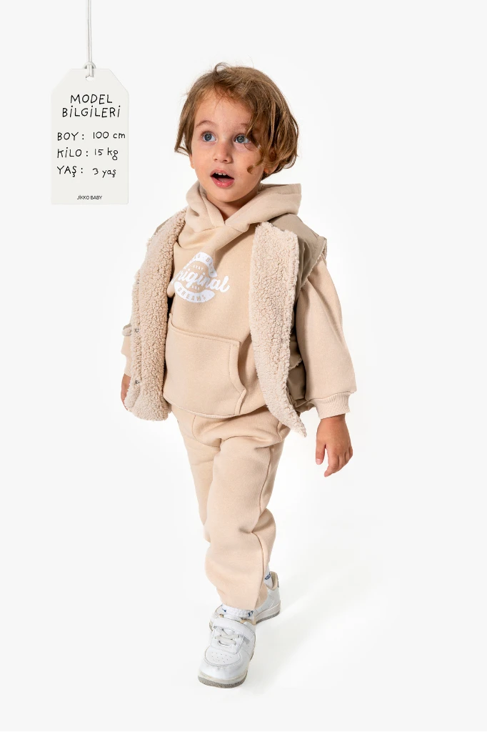 Kapüşonlu Yelekli 3’lü Unisex Bebek Takım 8173 - VİZON