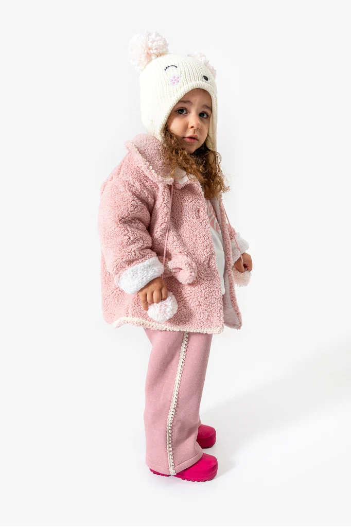 Peluş Ceketli Günlük Kız Bebek Takım 8167 - PEMBE