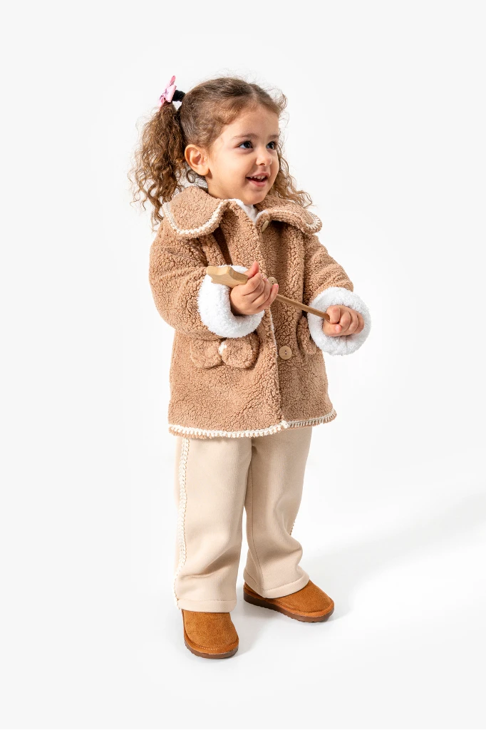 Peluş Ceketli Günlük Kız Bebek Takım 8167 - KAHVERENGİ