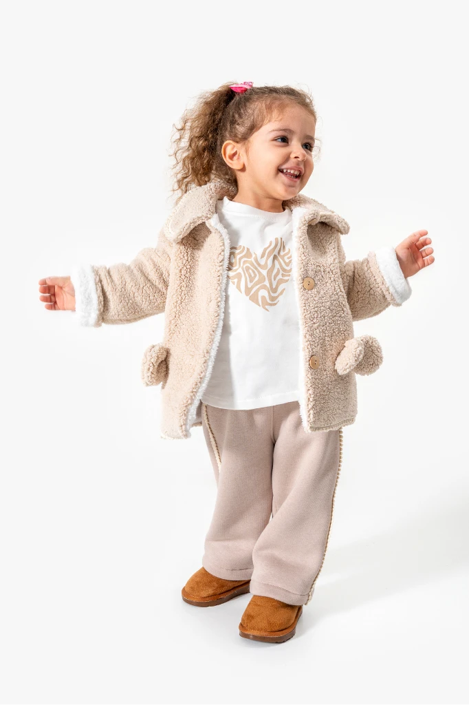 Peluş Ceketli Günlük Kız Bebek Takım 8167 - BEJ