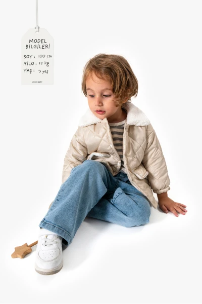 Çizgili Sweatshirt ve Kapitone Montlu 3’lü Bebek Takımı 8171 - GRİ