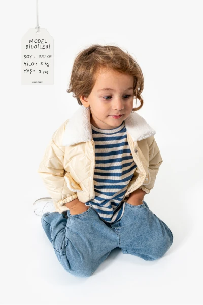 Çizgili Sweatshirt ve Kapitone Montlu 3’lü Bebek Takımı 8171 - BEJ