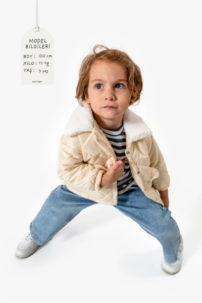 Çizgili Sweatshirt ve Kapitone Montlu 3’lü Bebek Takımı 8171 - BEJ