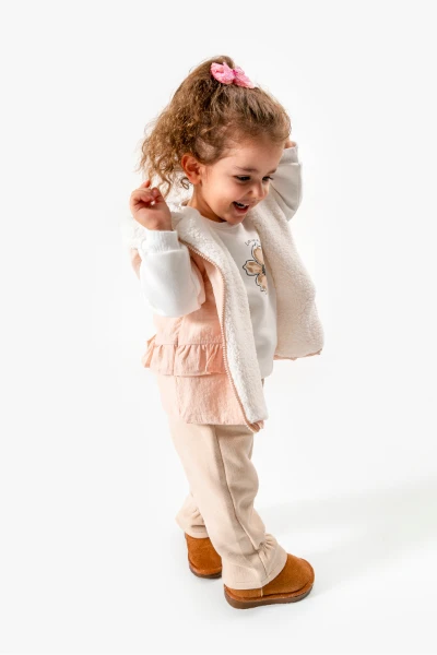 Fırfırlı Yelekli Çiçek Baskılı 3’lü Bebek Takımı 8172 - BEJ