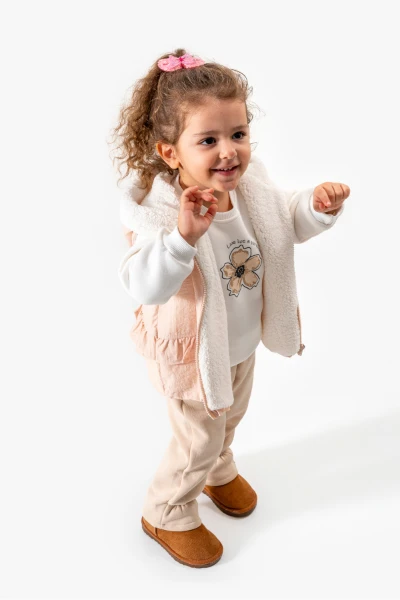 Fırfırlı Yelekli Çiçek Baskılı 3’lü Bebek Takımı 8172 - BEJ