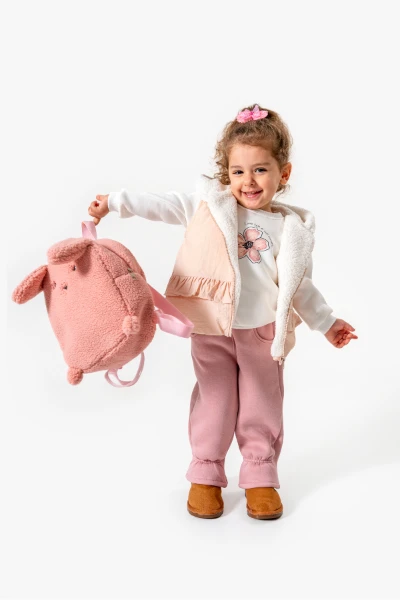 Fırfırlı Yelekli Çiçek Baskılı 3’lü Bebek Takımı 8172 - PEMBE