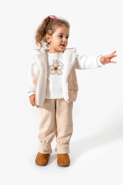 Fırfırlı Yelekli Çiçek Baskılı 3’lü Bebek Takımı 8172 - BEJ