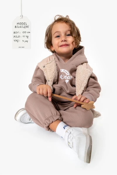 Kapüşonlu Yelekli 3’lü Unisex Bebek Takım 8173 - BEJ