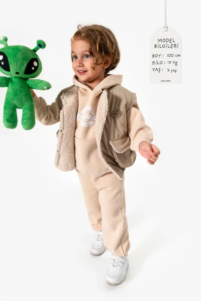 Kapüşonlu Yelekli 3’lü Unisex Bebek Takım 8173 - VİZON