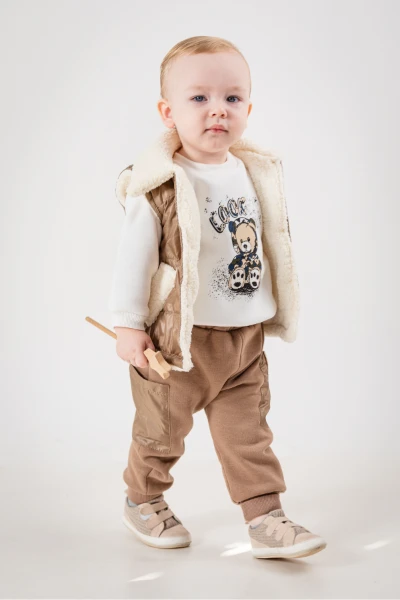 Jikko Boys Takım Şişme Yelekli Kuzu Astarlı Mikro Cepli Takım 8166 - KAHVERENGİ