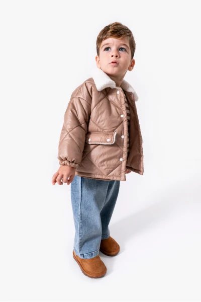 Çizgili Sweatshirt ve Kapitone Montlu 3’lü Bebek Takımı 8171 - KAHVERENGİ