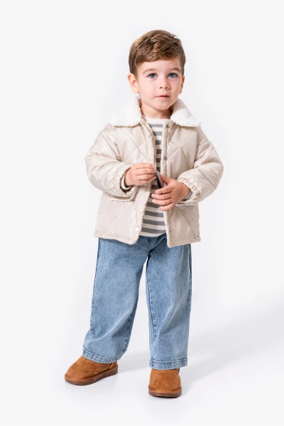 Çizgili Sweatshirt ve Kapitone Montlu 3’lü Bebek Takımı 8171 - GRİ