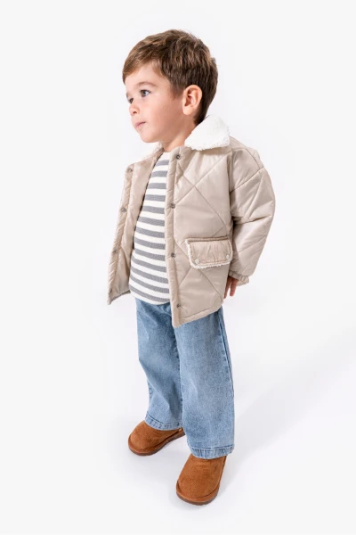 Çizgili Sweatshirt ve Kapitone Montlu 3’lü Bebek Takımı 8171 - GRİ