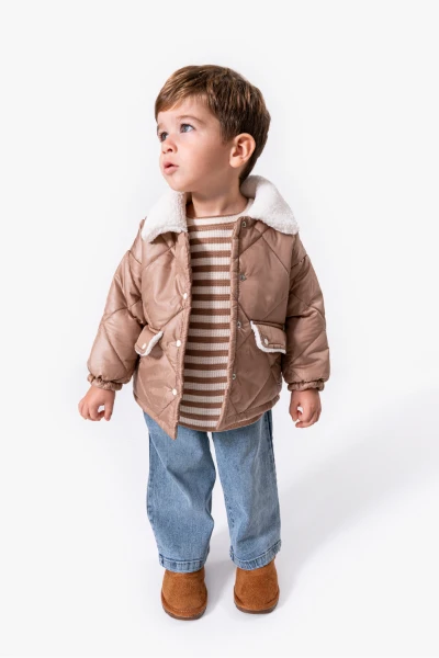 Çizgili Sweatshirt ve Kapitone Montlu 3’lü Bebek Takımı 8171 - KAHVERENGİ