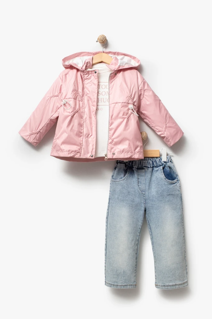 3'lü Kapüşonlu Kız Bebek Mont & Pantolon Bayramlık Takım 9083 - PEMBE