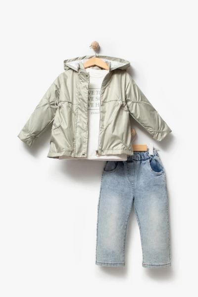 3'lü Kapüşonlu Kız Bebek Mont & Pantolon Bayramlık Takım 9083 - YEŞİL