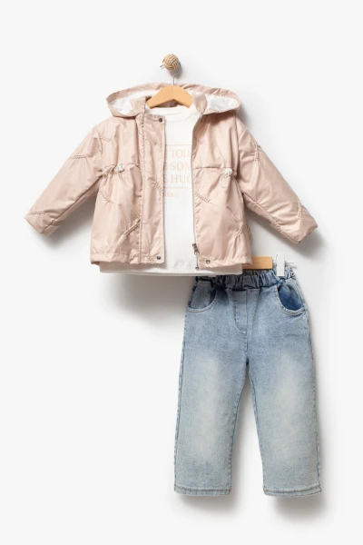 3'lü Kapüşonlu Kız Bebek Mont & Pantolon Bayramlık Takım 9083 - BEJ