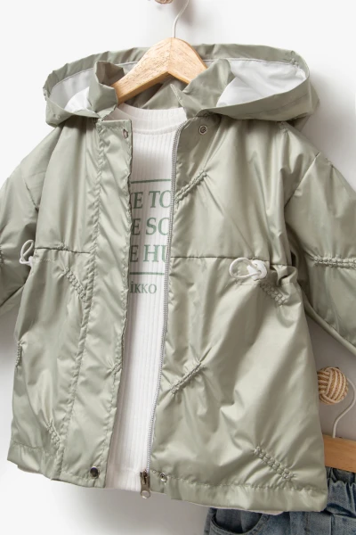 3'lü Kapüşonlu Kız Bebek Mont & Pantolon Bayramlık Takım 9083 - YEŞİL