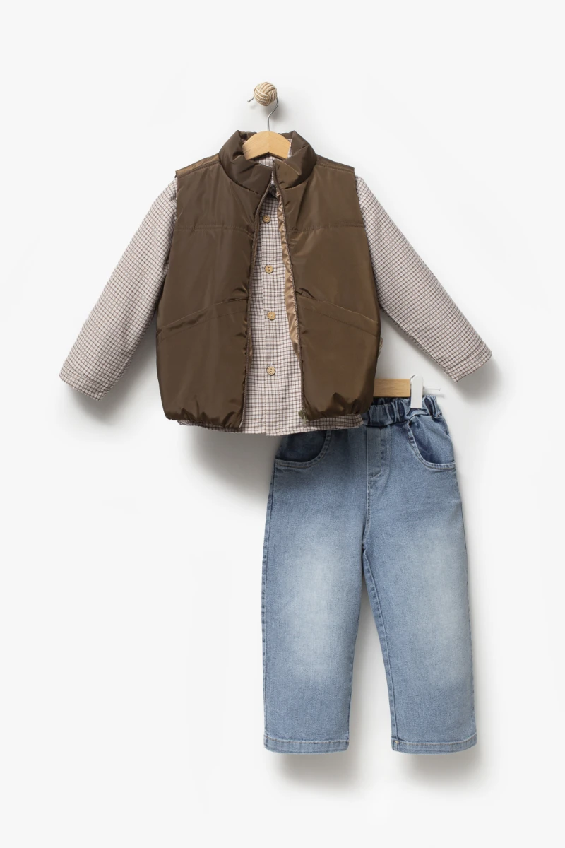 Ekose Gömlekli Yelekli Bayramlık 3'lü Erkek Çocuk Takımı 9081 - KAHVERENGİ