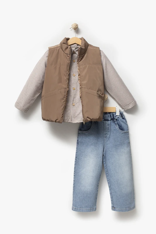 Ekose Gömlekli Yelekli Bayramlık 3'lü Erkek Çocuk Takımı 9081 - VİZON