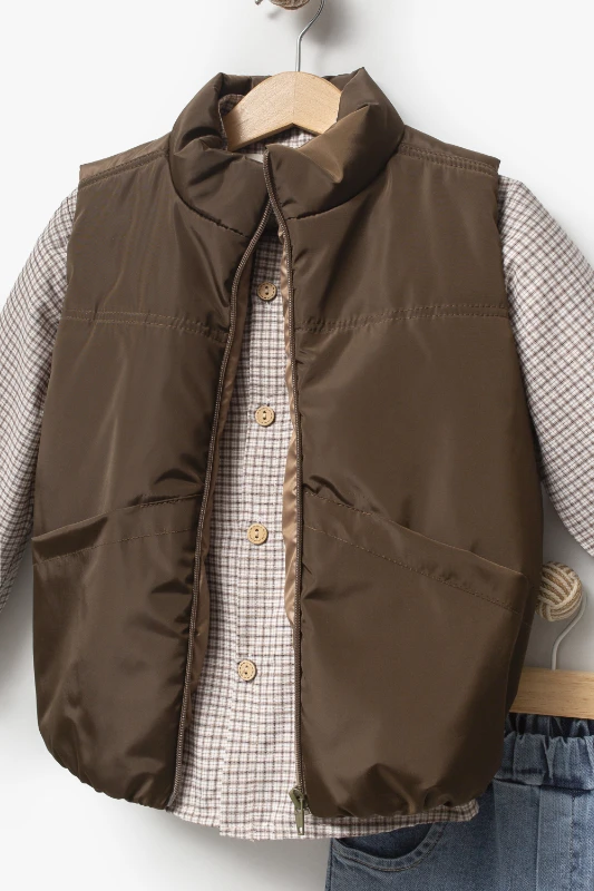 Ekose Gömlekli Yelekli Bayramlık 3'lü Erkek Çocuk Takımı 9081 - KAHVERENGİ