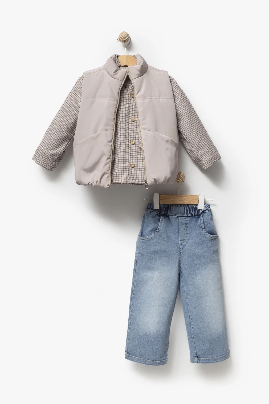 Ekose Gömlekli Yelekli Bayramlık 3'lü Erkek Çocuk Takımı 9081 - GRİ