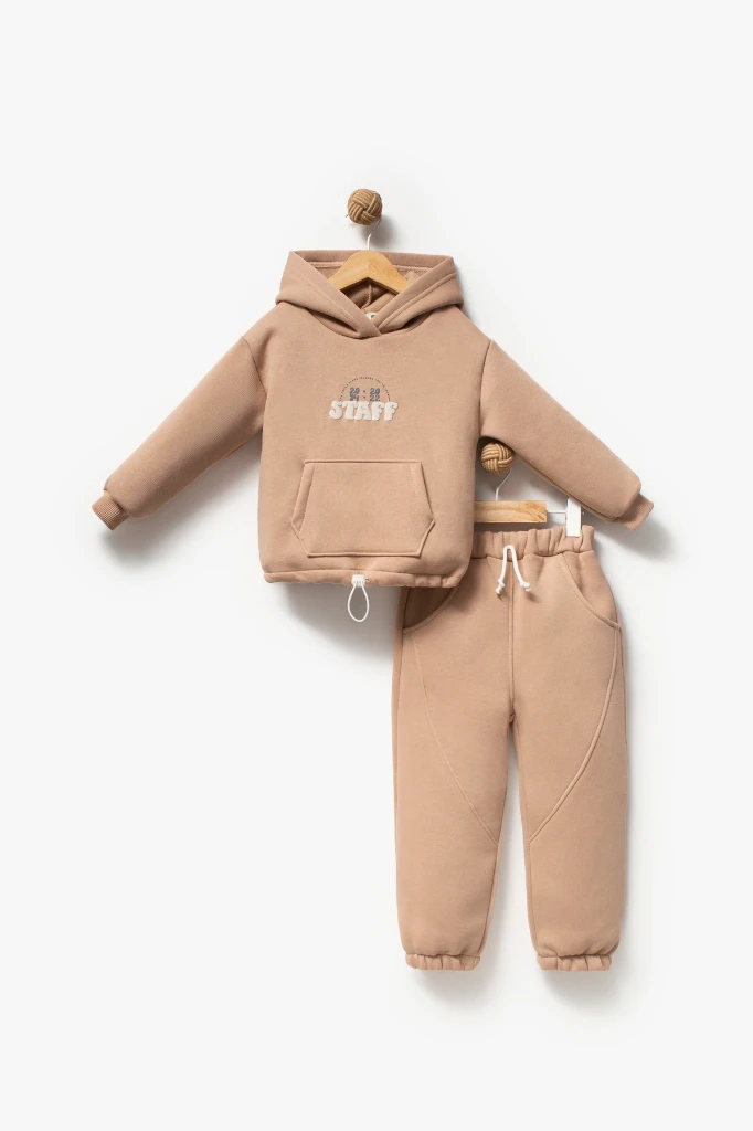 Sırt Baskılı Unisex Çocuk Sweat Eşofman Takımı 8175 - AÇIK KAHVERENGİ