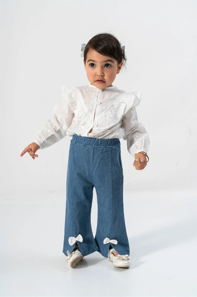 Kız Bebek Fırfırlı Gömlek ve Kot Pantolon İkili Takım 9068 - LACİVERT