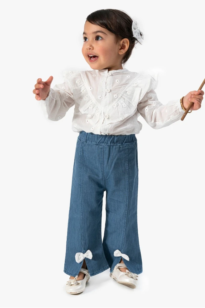 Kız Bebek Fırfırlı Gömlek ve Kot Pantolon İkili Takım 9068 - LACİVERT