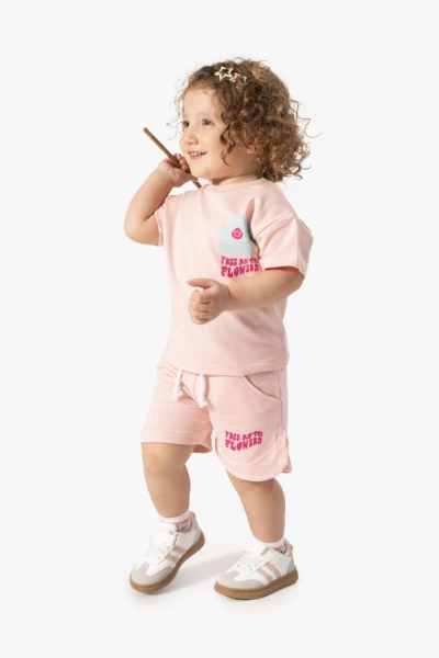 Kız Bebek Sırt Baskılı Tişört ve Şort 2'li Takım 3604 - SOMON