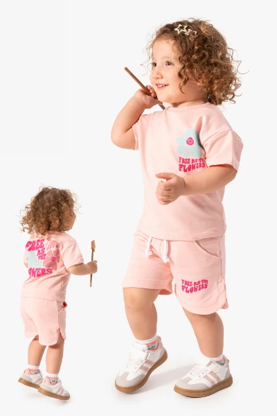 Kız Bebek Sırt Baskılı Tişört ve Şort 2'li Takım 3604 - SOMON