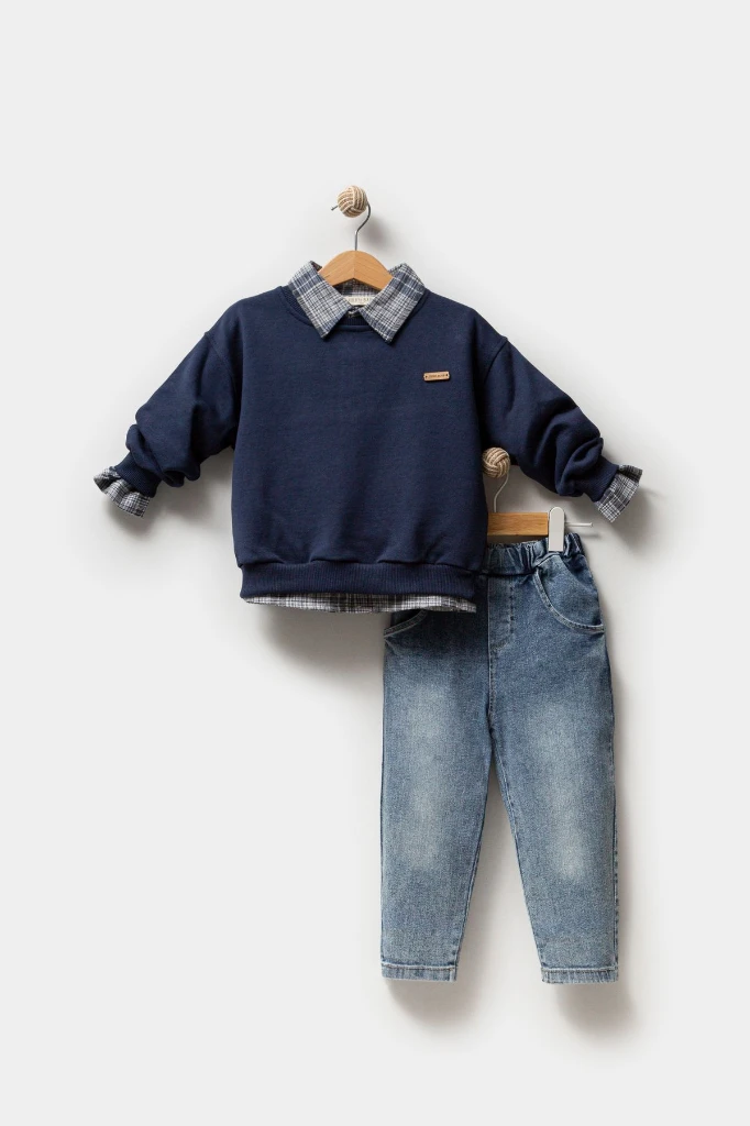 Erkek Bebek Gömlek Sweatshirt ve Kot Pantolon 3'lü Takım 9064 - LACİVERT