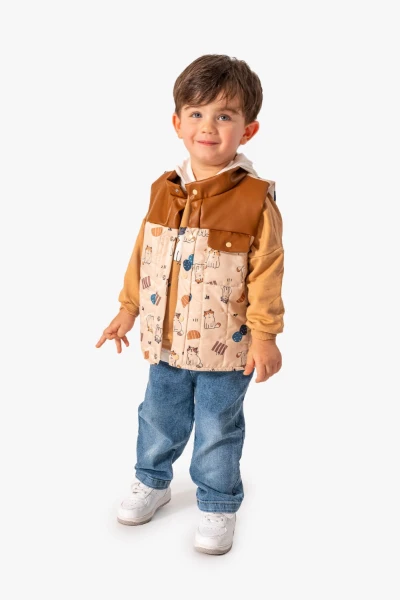 Erkek Bebek Şişme Yelekli  Kot Pantolon 3'lü Takım 8098  - KAHVERENGİ