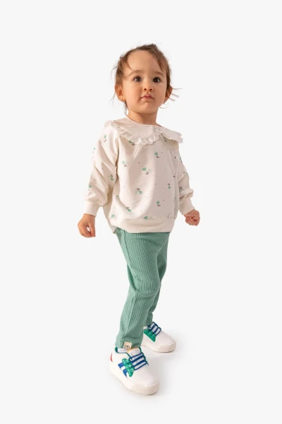 Kız Bebek Çiçek Desenli Sweatshirt Tayt 2'li Takım 9063 - YEŞİL